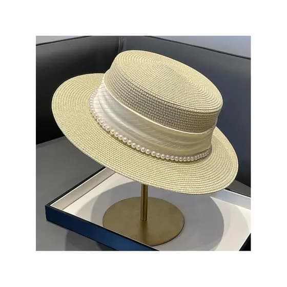 Francês 2026 chapéu de topo plano feminino chapéu novo estilo verão moda pérola chapéu de sol chapéu de palha chapéu de