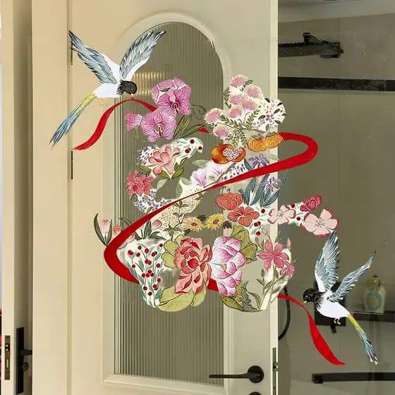 Flor Boa Magpie Personagem Feliz Adesivo Eletrostático Decoração de Quarto de Casamento Espelho Grade de Janela de Vidro