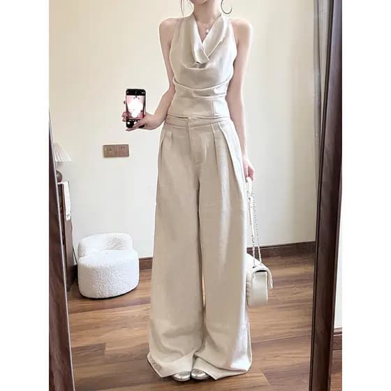 Doce legal quente menina mais magro olhar calças de perna larga Halterneck rendas camisa feminina primavera verão solto
