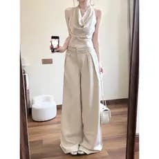 Doce legal quente menina mais magro olhar calças de perna larga Halterneck rendas camisa feminina primavera verão solto