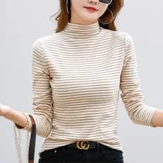 Camiseta listrada de algodão puro com meia gola alta, roupas de outono, manga comprida, camisa de fundo espessada, top p