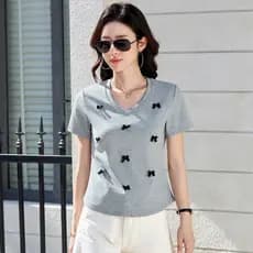 Verão estudante puro algodão Bowknot com decote em V manga curta camiseta feminina verão três dimensões