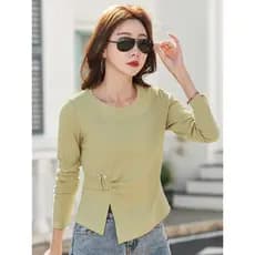 Início da primavera puro algodão fino estilo Preppy assimétrico manga comprida camiseta feminina outono cintura estreita