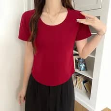 Algodão u-pescoço de manga curta camiseta feminina 2026 verão novo estilo clavícula exposta decote grande dinheiro estre