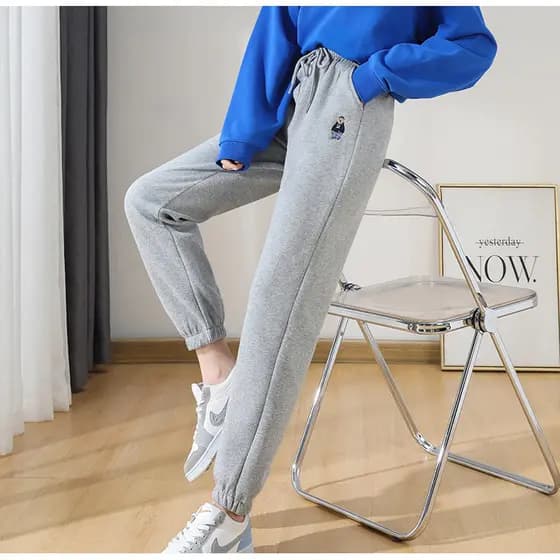 Puro algodão urso bordado sweatpants feminino solto primavera outono estudantes cintura alta mais magro olhar sweatpants