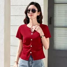 2026 verão novo estilo com decote em V ombro genuíno solto manga curta camiseta feminina botão vermelho fino-ajuste magr