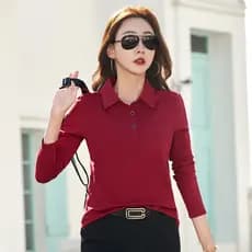 Primavera outono fino vermelho gola POLO de manga comprida camiseta feminina botão de lapela vermelha camisa de fundo ma