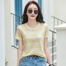 516 verão novo estilo contraste cor listrado em torno do pescoço Retro genuíno ombro de manga curta camiseta feminina fl