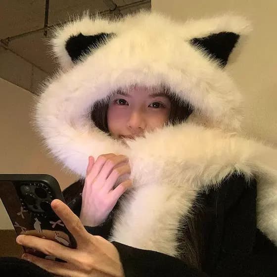 Chapéu de orelha de raposa grossa de pelúcia cachecol uma feminina 2025 outono inverno quente rosto-olhando pequeno chap