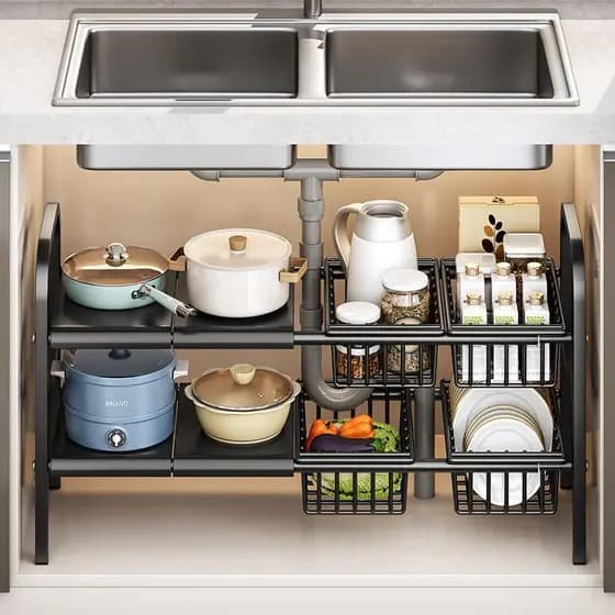 Cozinha tubo de esgoto rack armário pia esgoto em camadas rack armazenamento retrátil multifuncional pote armazenamento