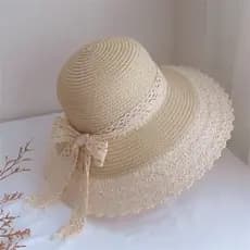 Chapéu de palha de renda feminino verão fresco estilo japonês arco praia chapéu de aba grande guarda-sol protetor solar