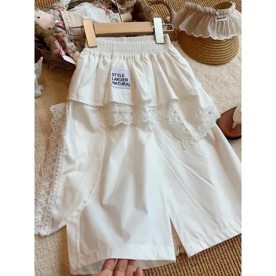 2026 verão novo estilo meninas moda puro algodão calças de perna larga estilo pai-filho renda peido cortina solta calças