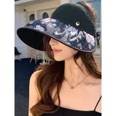 Costura impressa borda grande oco chapéu superior feminino verão ao ar livre jogar rabo de cavalo chapéu de sol ajustáve