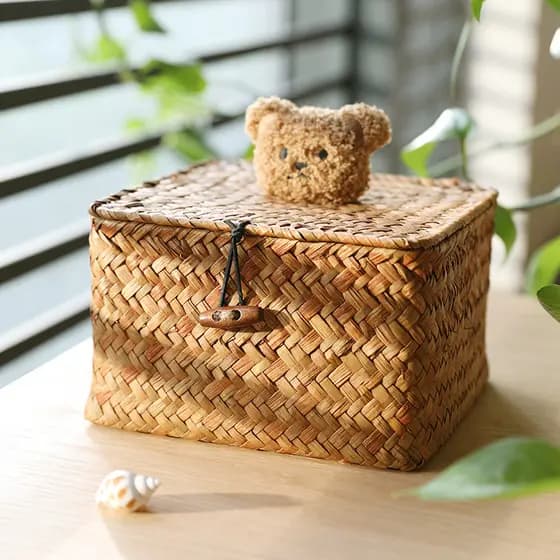 Bonito urso Rattan pequena caixa de armazenamento de algas marinhas Retro com tampa acompanhando caixa de presente caixa