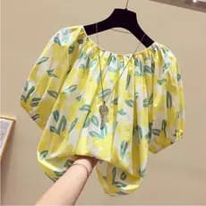 Floral de um pescoço de manga curta camiseta topo feminino 2025 verão solto nicho Chiffon camisa feminina chique estilo