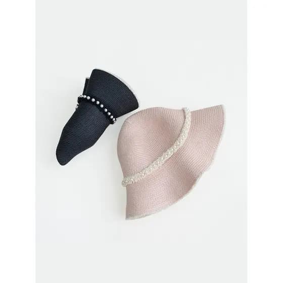 Retro Hepburn preto chapéu de palha chapéu de sol férias beira-mar praia chapéu feminino verão elegante pérola chapéu de