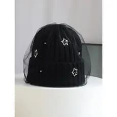 Chapéu de lã de gaze preta estrelada feminino quente outono inverno chapéu frio chapéu de malha chapéu de esqui de inver