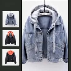 Jaqueta de Denim Feminina Solta de Manga Curta e Longa, Casaco Versátil com Capuz Estilo Coreano para Outono e Inverno D