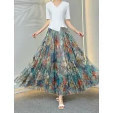 Saia Floral impressa gaze saia verão mais magro olhar Chiffon 2024 elástico novo estilo Retro cintura alta saia de compr