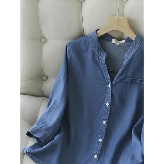 Primavera verão fino Tencel Denim com decote em V camisa de manga de três quartos feminina solta versão coreana camisa m