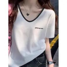 Retro magro de manga curta camiseta feminina 2025 verão novo estilo contraste cor solta pequeno homem com decote em V in