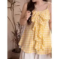 Design sentido roupas femininas Bowknot xadrez camisola verão novo estilo fresco capa barriga mais magro olhar sem manga