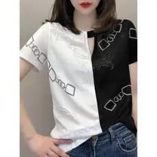 100 algodão puro cor-bloqueando curto impresso em torno do pescoço incrustado tijolo Casual manga curta camiseta feminin