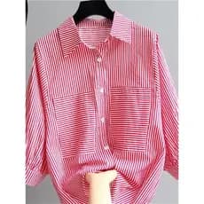 100% algodão listrado camisa feminina manga de três quartos 2023 verão novo estilo estilo coreano All-Match solto gola a