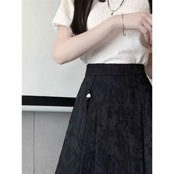 Estilo chinês melhorado Hanfu Jacquard plissado rosto de cavalo cintura alta 2024 novo estilo saia feminina verão saia c