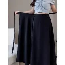Primavera verão cor sólida novo estilo preto rendas de uma peça de comprimento médio a linha saia dividida Drape saia fe