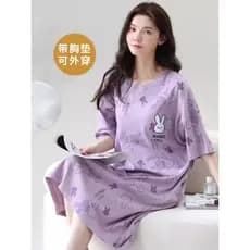 Camisola de uma peça com almofada no peito feminino verão puro algodão manga curta comprimento médio Plus Size gordura M
