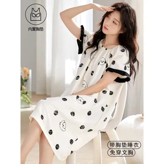 Nuvem de algodão camisola feminina verão manga curta comprimento médio doce puro desejo pijamas vestido verão meninas po