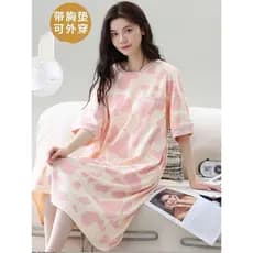 Camisola de verão feminina de manga curta, comprimento médio, sem sutiã com almofada no peito, peça única, pode usar for