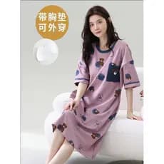 Camisola de verão de uma peça com almofada no peito gordura MM feminino manga curta comprimento médio pijama sem sutiã p