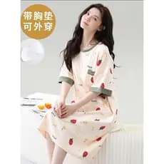 Camisola de verão feminina de manga curta, comprimento médio, sem sutiã com almofada no peito, pijama de uma peça, pode