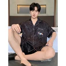 Pijamas masculinos verão gelo seda de manga curta 2025 novo estilo verão masculino dos desenhos animados filhote de cach