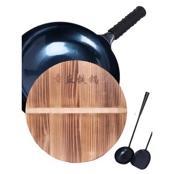 Jinwei Dezhangqiu Wok de 32 cm sem revestimento forjado à mão com moldagem de uma peça 16.000 Martelo Wok de ferro puro