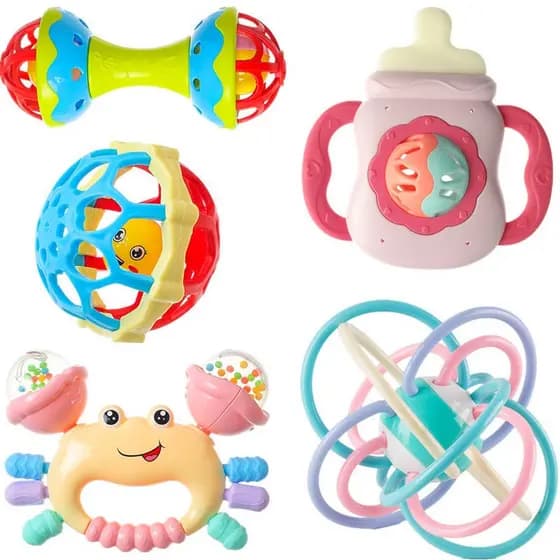 5pcs/set Mordedor De Rattle Bite Teether Não Tóxico Plástico Colorido Rattles Hand Jingle Bells Toys MTOA