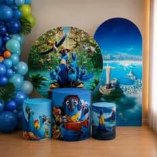 Kit Capas Festa Tropical Decoração Araras Painel Redondo Romano Trio Cilindros Avulsos