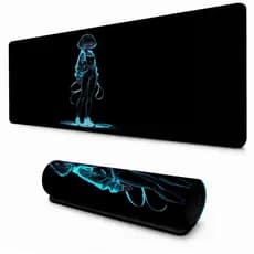 Mouse Pad Menina Anime Estampa Preta e Azul Neon Acessorio Retangular Para Escritorio e Mesa Gamer