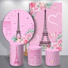Painel de Festa Com Trio Capas de Cilindro Decoração Rosa Menina Paris Torre Eiffel