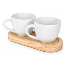 Jogo 2 Xícaras De Porcelana 150ml Com Pires Madeira Duplo