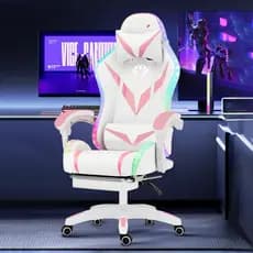 Cadeira Gamer Ergonômica Reclinável 135º Branca Rosa Com Luz LED RGB e Descanso De Pés