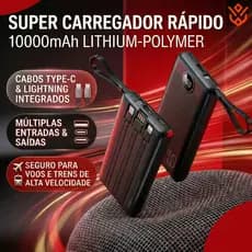 Carregador Portátil Power Bank 10.000mAh VP-1116 com Cabos Embutidos e Visor LCD - Preto
