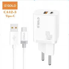 KIT Carregador Turbo 40W A'Gold CA42-3 Charge 4.0 + Cabo USB V8 para iPhone