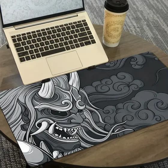 Mousepad Grande Estampa Máscara Hannya Nórdica-Japonesa Base Antiderrapante Alta Precisão para PC Notebook