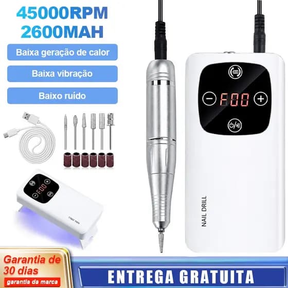 Lixa Elétrica para Unhas 45000RPM Recarregável - LCD, Baixo Ruído, 6 Pontas, 10h de Autonomia, Portátil