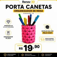 Porta Canetas Coração 3D | Organizador de Mesa | Porta Lápis para Escritório e Estudos | Porta Pincéis