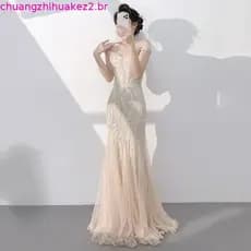 Champagne fishtail vestido de noite 2026 novo estilo elegante longo bonito anfitrião um ombro fishtail lantejoulas saia