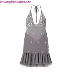 Vestido feminino elegante e sensual com decote em V, sem mangas e com alças, nova coleção de verão, vestido curto com de